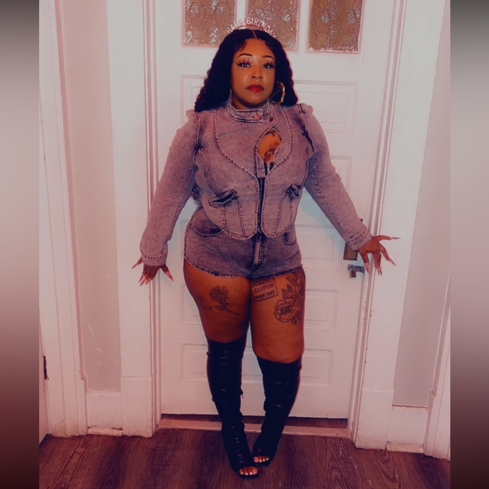 Gray Denim Washed Jacket and Shorts Set
